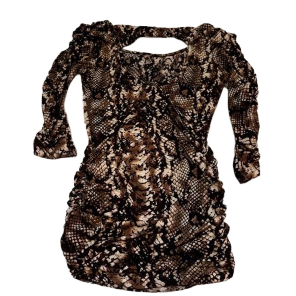 Body Central Brown Snakeskin Print 3/4 Sleeve Top Shirt Tee Size Small Ruching - Picture 9 of 11